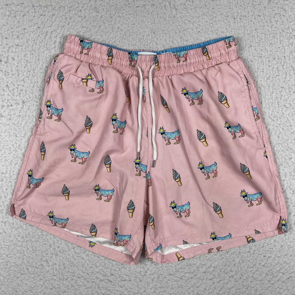 Goat USA Swim Trunks Mens Small Pink Goat Ice Cream Print Bathing Suit Pool